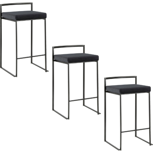 Fuji 26" Stackable Counter Stool in Black Metal & Black Velvet (Set of 3)